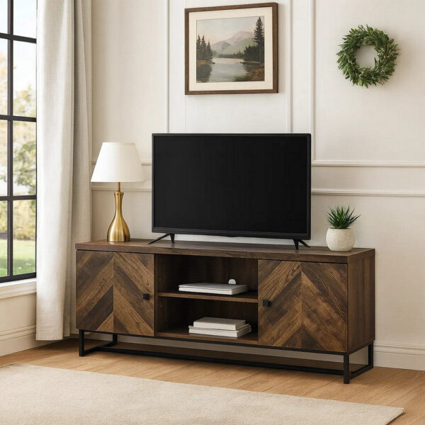 60 Inch TV Media Console Cabinet, 2 Herringbone Doors, Rustic Brown Wood