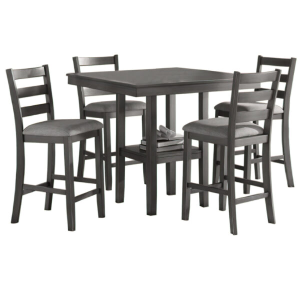 5 Piece Counter Height Dining Set, Table and 4 Chairs, Padded Seats, Gray