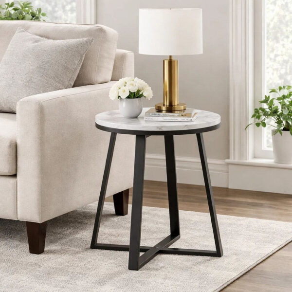 150220266991909bd201f.jpeg 24 Inch End Table, White Faux Marble Round Top, Artisanal Metal Framework
