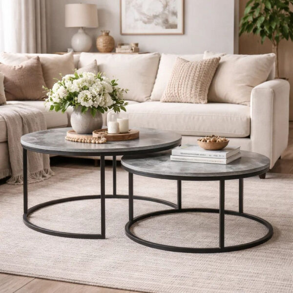 35 Inch 2 Piece Nesting Coffee Table Set, Round Gray Faux Marble Tabletop