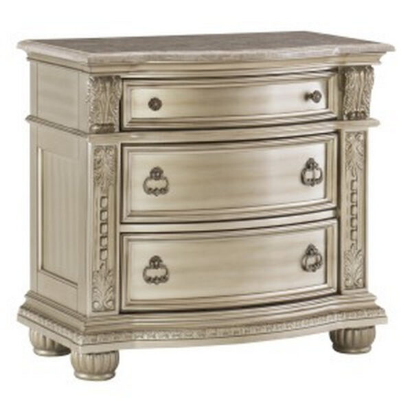 150220266991919b677ca.jpeg Caitlin 35 Inch 3 Drawer Nightstand with Marble Top, Leaf Carvings, Silver