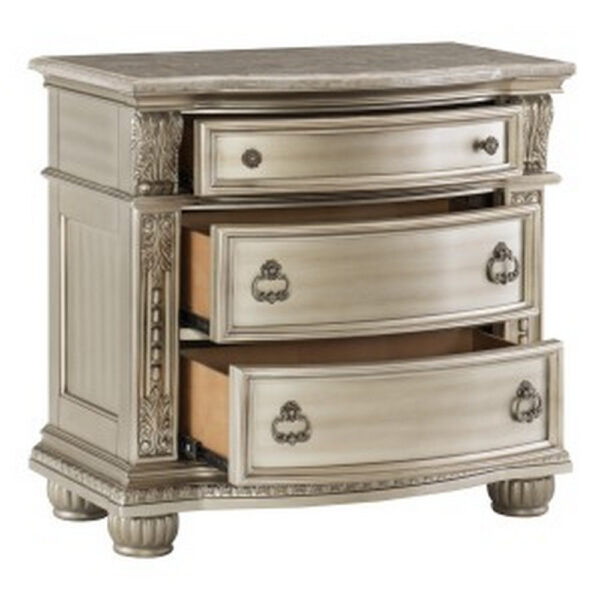 150220266991919f97b24.jpeg Caitlin 35 Inch 3 Drawer Nightstand with Marble Top, Leaf Carvings, Silver