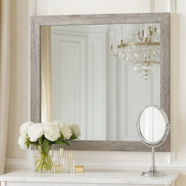 Zane 39 Inch Transitional Mirror, Square Wood Frame, Weathered Gray Veneer