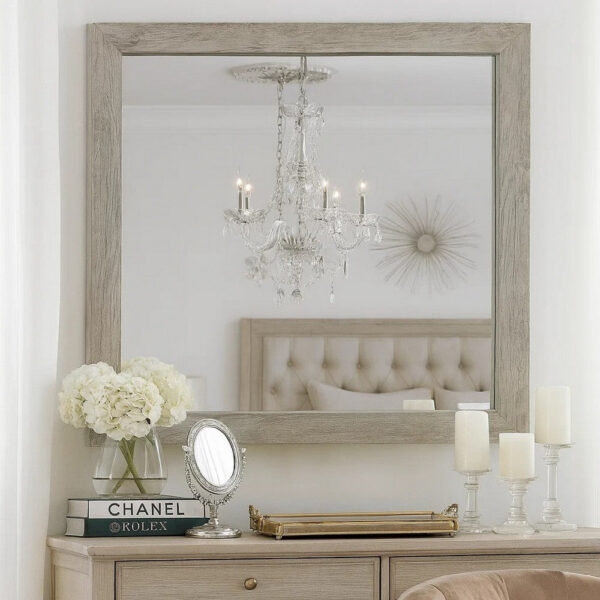Zane 39 Inch Transitional Mirror, Square Wood Frame, Weathered Gray Veneer