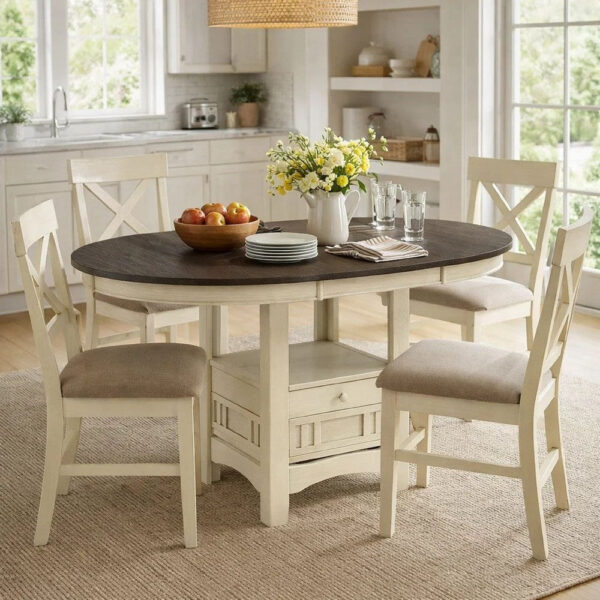 Glee 42-60 Inch Extendable Counter Height Table, Antique White and Brown