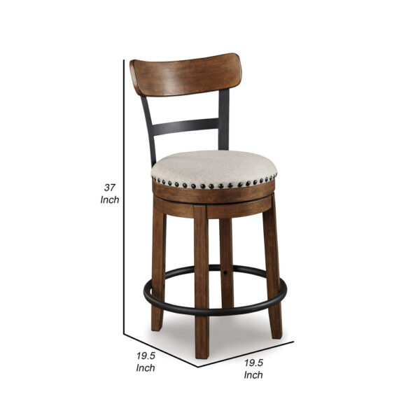 Zane 25 Inch Swivel Counter Height Stool, Round Cushioned Seat, Brown Wood