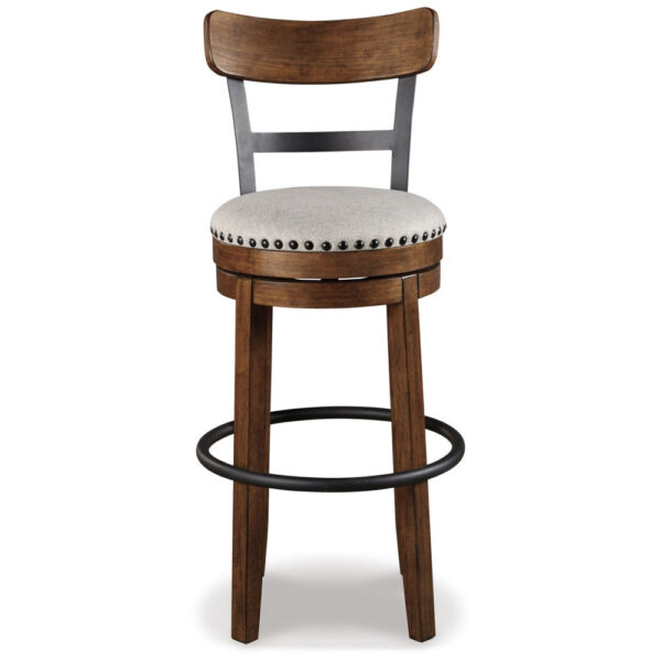 Zane 30 Inch Swivel Barstool, Round Cushioned Seat, Rich Brown Wood Frame