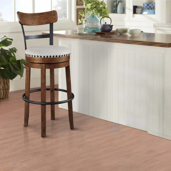 Zane 30 Inch Swivel Barstool, Round Cushioned Seat, Rich Brown Wood Frame