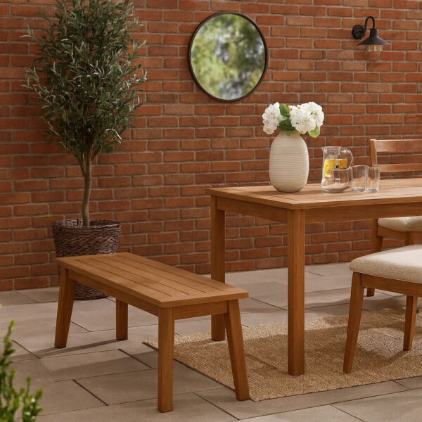 47 Inch Rectangular Bench, Natural Acacia Wood, Slatted Seat, Angled Legs