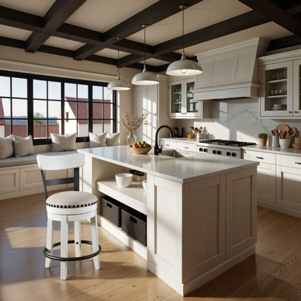 Zane Swivel 24.5 Inch Counter Stool Chair | Nailhead Trim | Curved Back | Distressed White and Black