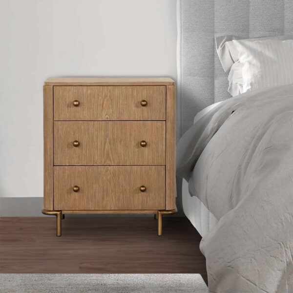 Hiz 29 Inch 3 Drawer Nightstand with Dual USB Ports, Brass Legs, Brown