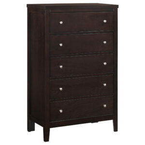 Con 48 Inch Tall 5 Drawer Dresser Chest, Silver Knobs, Cappuccino Brown