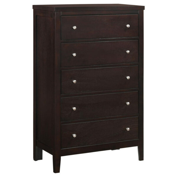 Con 48 Inch Tall 5 Drawer Dresser Chest, Silver Knobs, Cappuccino Brown