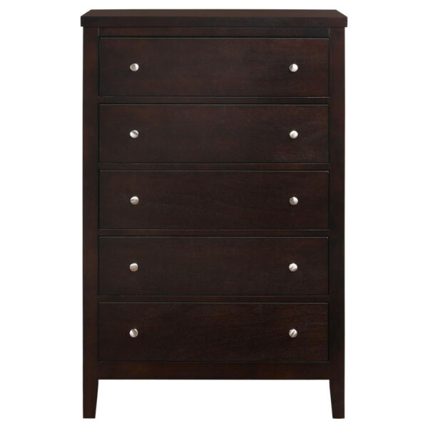 Con 48 Inch Tall 5 Drawer Dresser Chest, Silver Knobs, Cappuccino Brown