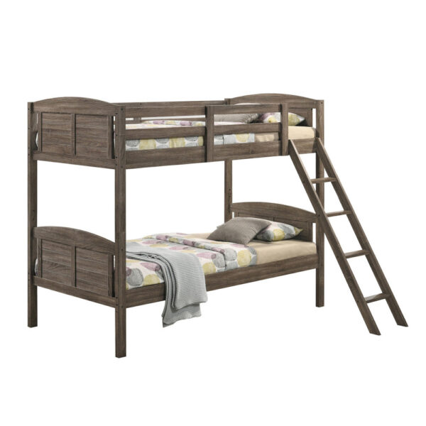 Twin Over Twin Bunk Beds, Curved Headboards, Ladder, Straight Legs, Brown
