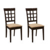 17 Inch Side Dining Chair, Set of 2, Lattice Back Brown Wood, Tan Fabric