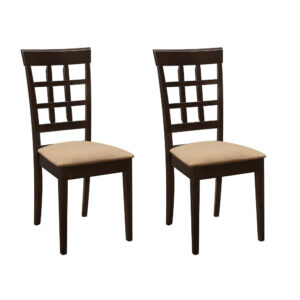 17 Inch Side Dining Chair, Set of 2, Lattice Back Brown Wood, Tan Fabric