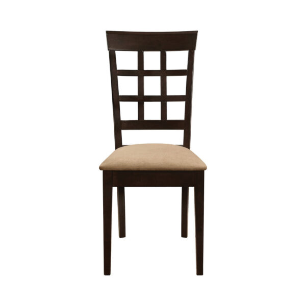 17 Inch Side Dining Chair, Set of 2, Lattice Back Brown Wood, Tan Fabric