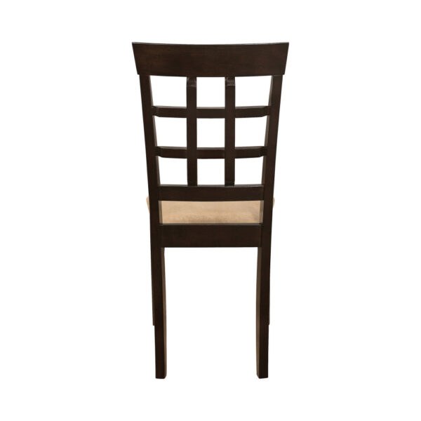 17 Inch Side Dining Chair, Set of 2, Lattice Back Brown Wood, Tan Fabric