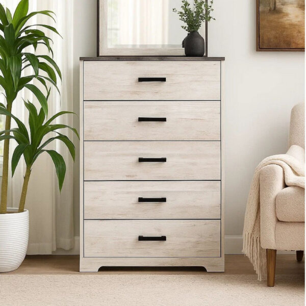 Wisp 46 Inch Tall Dresser Chest, 5 Drawers, Rustic Smooth White Finish