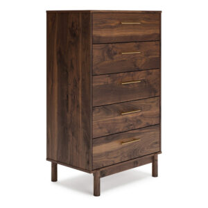 Kip 50 Inch 5 Drawer Modern Tall Dresser Chest, Dark Brown, Gold Handles