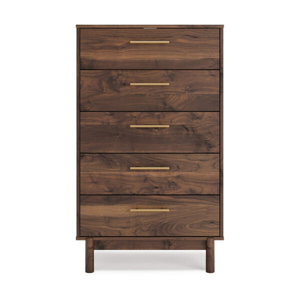 Kip 50 Inch 5 Drawer Modern Tall Dresser Chest, Dark Brown, Gold Handles