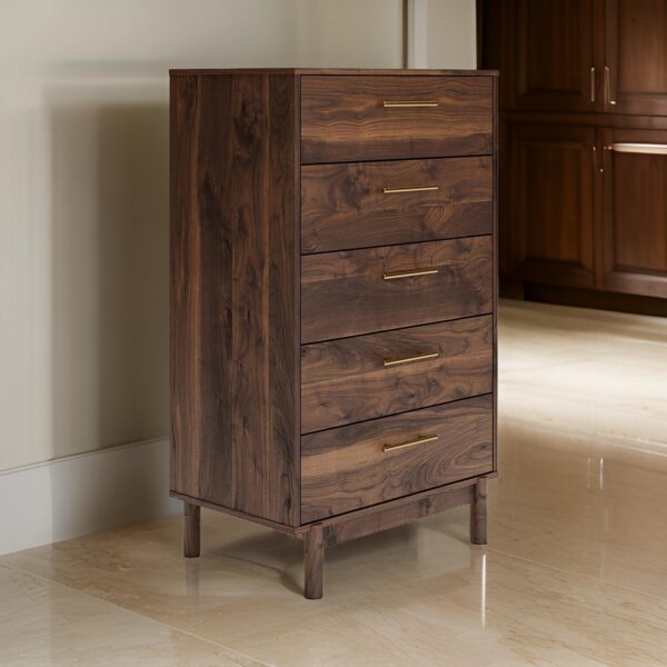 Kip 50 Inch 5 Drawer Modern Tall Dresser Chest, Dark Brown, Gold Handles
