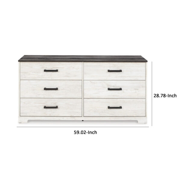 Wisp 59 Inch Wood Dresser, 6 Gliding Drawers, Rustic Crisp White Finish