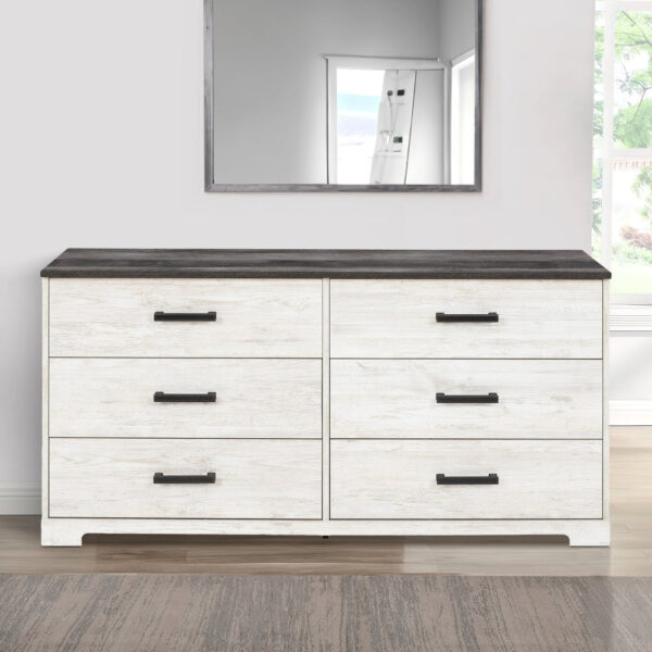 Wisp 59 Inch Wood Dresser, 6 Gliding Drawers, Rustic Crisp White Finish