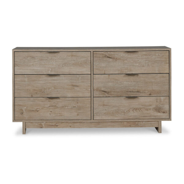Fervor 59 Inch Dresser, 6 Drawers, Brown Wood Frame, Brushed Nickel Handles