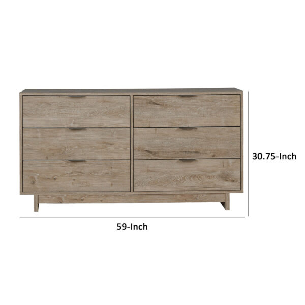 Fervor 59 Inch Dresser, 6 Drawers, Brown Wood Frame, Brushed Nickel Handles