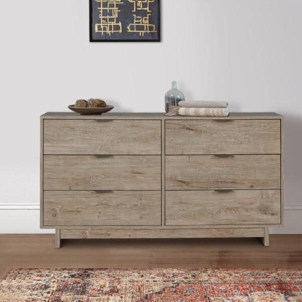 Fervor 59 Inch Dresser, 6 Drawers, Brown Wood Frame, Brushed Nickel Handles