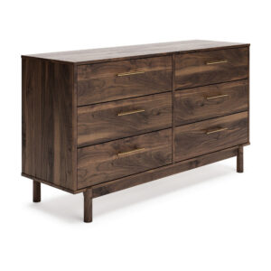 Kip 59 Inch Modern Dresser, Brown Wood Frame, 6 Drawers, Gold Metal Handles