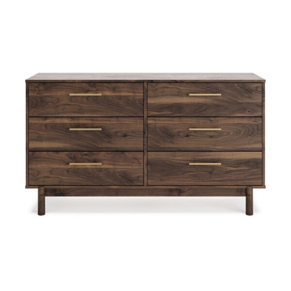 Kip 59 Inch Modern Dresser, Brown Wood Frame, 6 Drawers, Gold Metal Handles