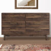 Kip 59 Inch Modern Dresser, Brown Wood Frame, 6 Drawers, Gold Metal Handles