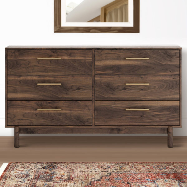 Kip 59 Inch Modern Dresser, Brown Wood Frame, 6 Drawers, Gold Metal Handles