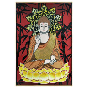 39 x 59 Hand Painted Buddha on Lotus, Gold Frame, Resin Coated, Red, Yellow