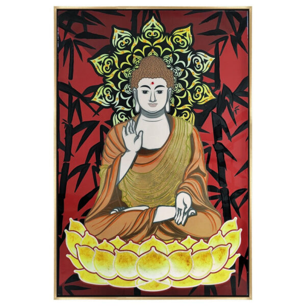 15022026699194fbeacdd.jpeg 39 x 59 Hand Painted Buddha on Lotus, Gold Frame, Resin Coated, Red, Yellow