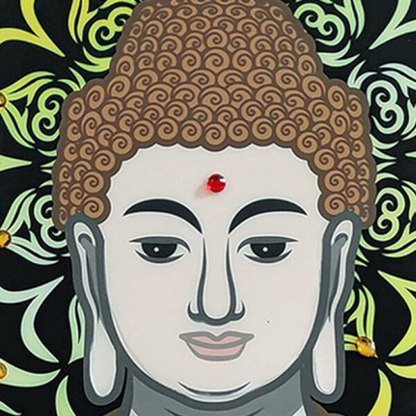 15022026699194ff36d77.jpeg 39 x 59 Hand Painted Buddha on Lotus, Gold Frame, Resin Coated, Red, Yellow