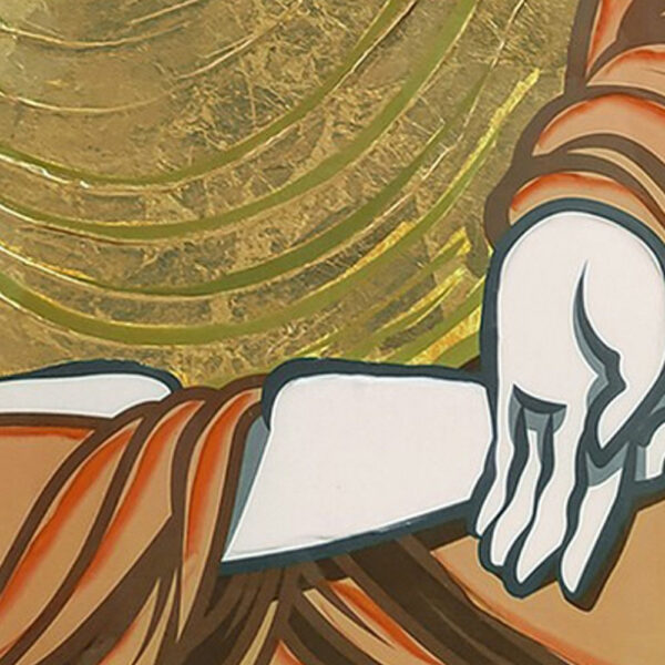 1502202669919500f30c1.jpeg 39 x 59 Hand Painted Buddha on Lotus, Gold Frame, Resin Coated, Red, Yellow