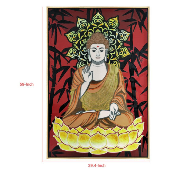 1502202669919502a3488.jpeg 39 x 59 Hand Painted Buddha on Lotus, Gold Frame, Resin Coated, Red, Yellow