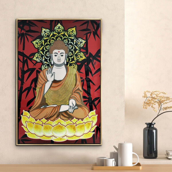 150220266991950425875.jpeg 39 x 59 Hand Painted Buddha on Lotus, Gold Frame, Resin Coated, Red, Yellow