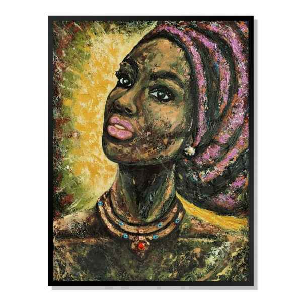 Rin 30 x 39 Hand Painted African Woman, Resin Coat, Warm Greens and Yellows