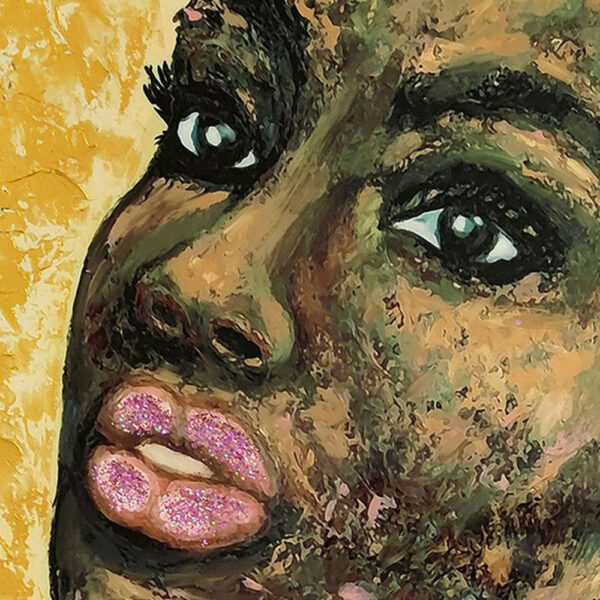 Rin 30 x 39 Hand Painted African Woman, Resin Coat, Warm Greens and Yellows