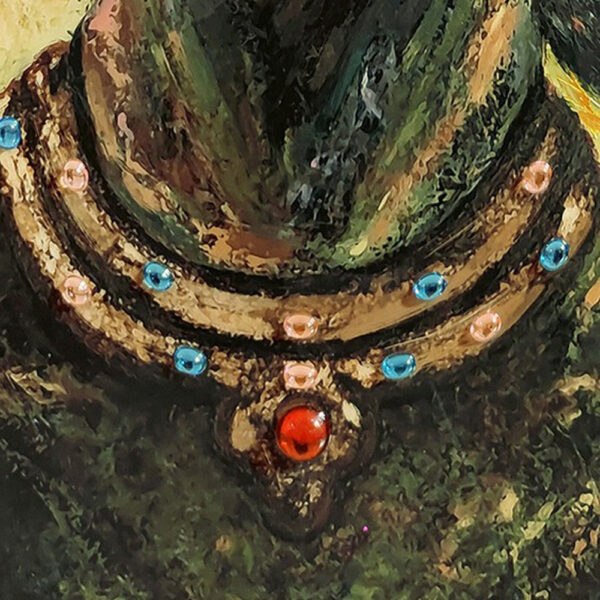 Rin 30 x 39 Hand Painted African Woman, Resin Coat, Warm Greens and Yellows