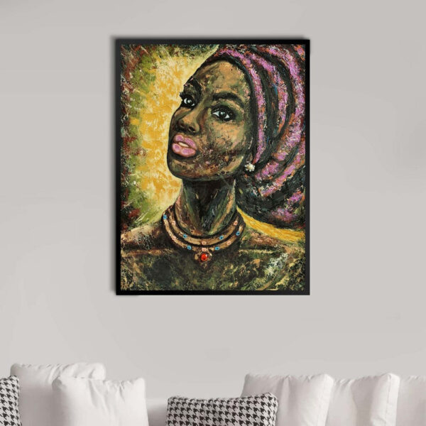 Rin 30 x 39 Hand Painted African Woman, Resin Coat, Warm Greens and Yellows