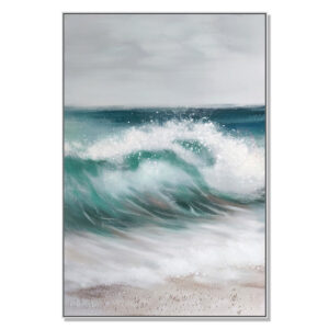 39 x 59 Hand Painted Cresting Waves, White Frame, Seafoam Green, Ocean Blue