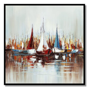 Hy 47 x 47 Hand Painted Multicolor Boats in Standing Water, Black PS Frame