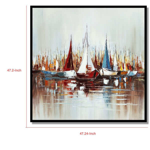 Hy 47 x 47 Hand Painted Multicolor Boats in Standing Water, Black PS Frame