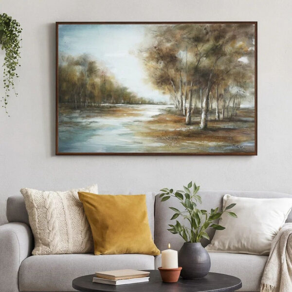 39 x 59 Hand Painted Forest Scenery, Resin Coat, Warm Blues and Browns